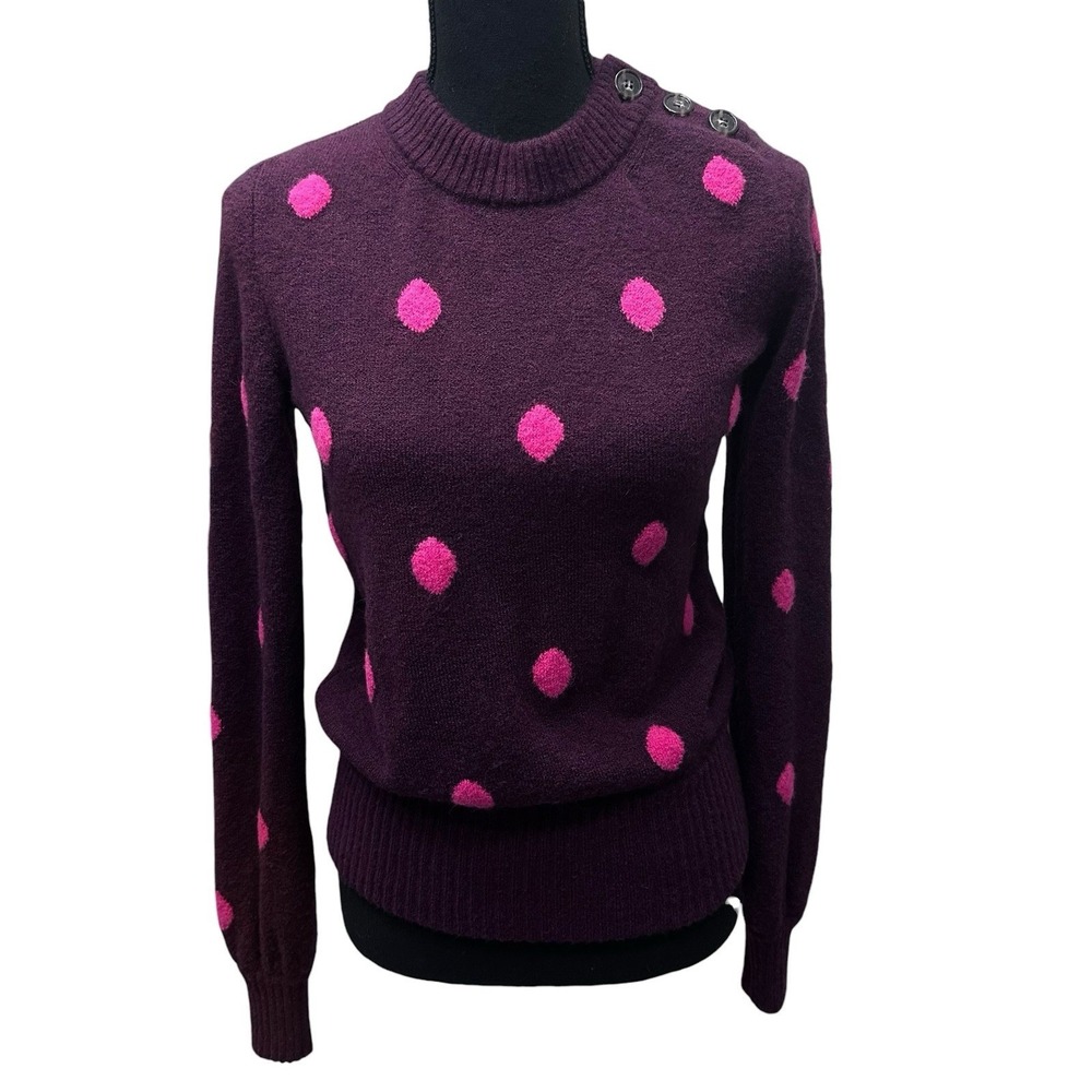 J Crew Merino Wool Blend Polka Dot Sweater Sz XS Burgundy Button Detail Preppy
